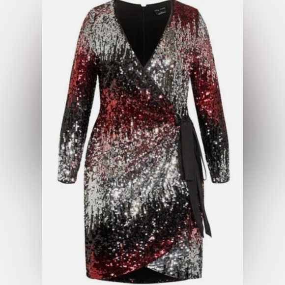 City Chic Irresistible Long Sleeve Sequin Faux Wrap Dress NWT - Picture 3 of 9